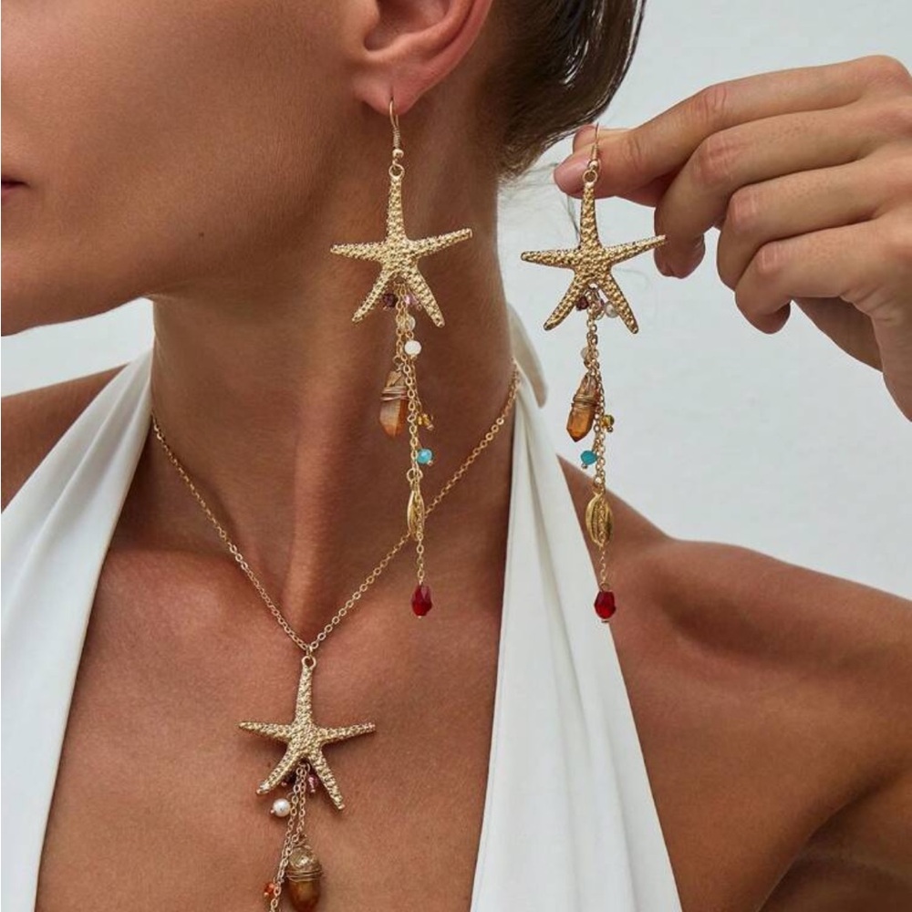 Gold Dangle Starfish Seashell Earrings - image 2